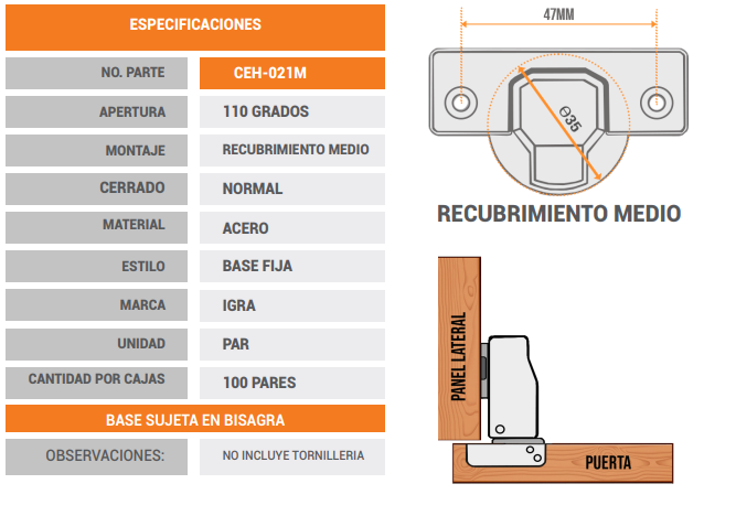 Bisagra Oculta Ceh-028M 3/4 Cerrado Suave – IGRA Herrajes